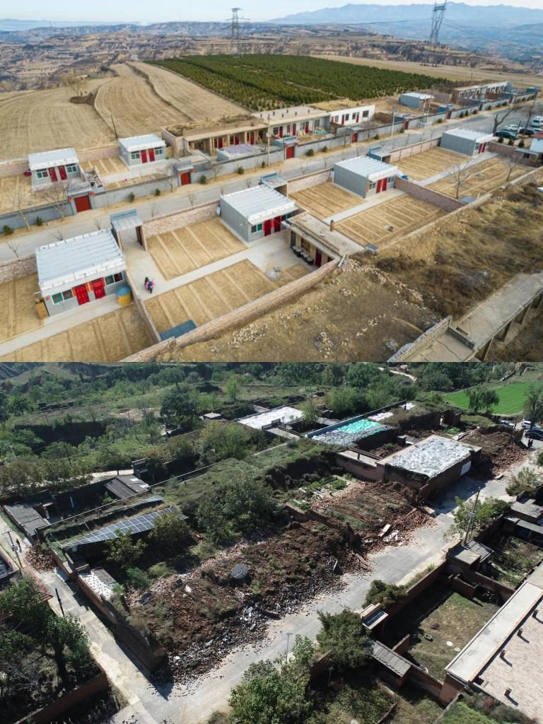 拼版照片，上圖是2022年1月山西省霍州市師莊鄉(xiāng)馮南垣村災(zāi)后恢復(fù)重建后的場景，下圖是2021年10月村莊因災(zāi)受損的場景。(霍州市委宣傳部供圖)