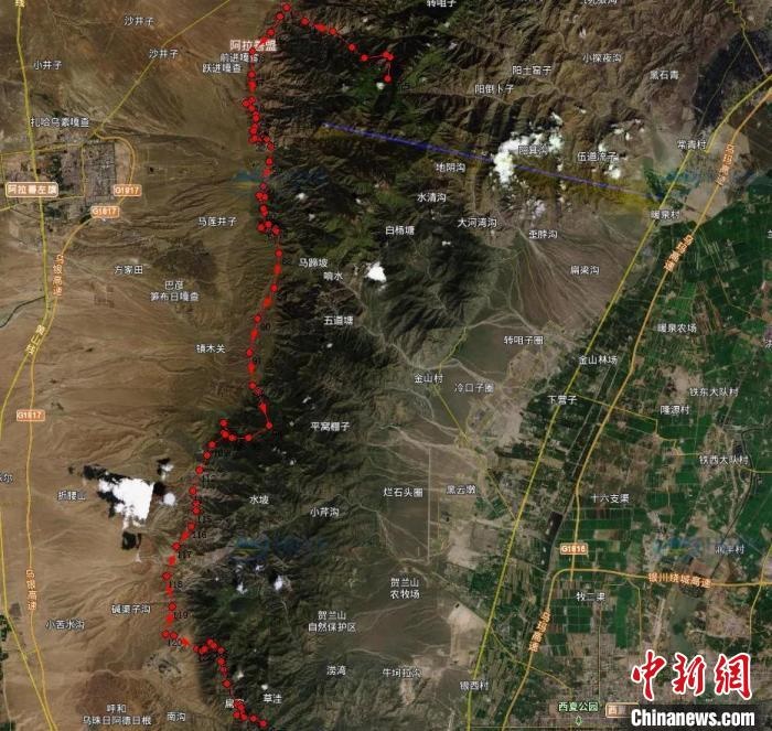 圖為雪豹在春節(jié)前后的活動(dòng)軌跡?！?nèi)蒙古賀蘭山國家級(jí)自然保護(hù)區(qū)供圖