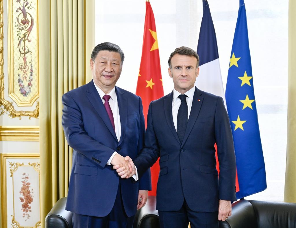 當(dāng)?shù)貢r(shí)間2024年5月6日下午，國家主席習(xí)近平在巴黎愛麗舍宮同法國總統(tǒng)馬克龍舉行會談。新華社記者 殷博古 攝