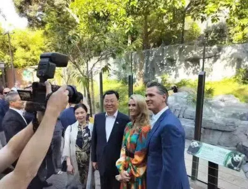 謝鋒大使及夫人與加州州長紐森夫婦在圣迭戈動物園大熊貓館前合影。圖片為中國駐美大使館提供