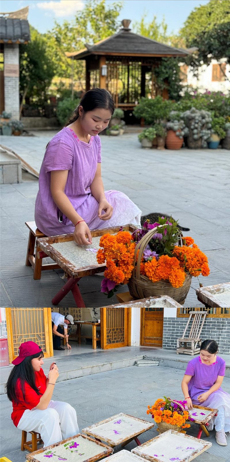 沒有女生不愛花。以古法造紙技藝為基礎(chǔ)，再輔以花草枝葉勾勒各式圖案，創(chuàng)作出花茂村獨具特色的紙漿壓花畫，少女手中的花是她眼中的風(fēng)景，而她與正在制作的紙漿壓花畫也是別人眼中的風(fēng)景。（哈薩克斯坦BAQ通訊社高級記者古爾詹·拉曼庫洛娃、張亞欣攝）