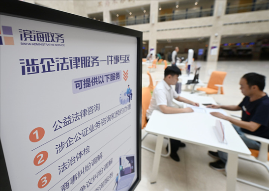 在天津?yàn)I海新區(qū)政務(wù)服務(wù)中心，工作人員在“涉企法律服務(wù)一件事”專(zhuān)區(qū)為市民提供服務(wù)（2024年7月31日攝）。新華社記者 趙子碩 攝