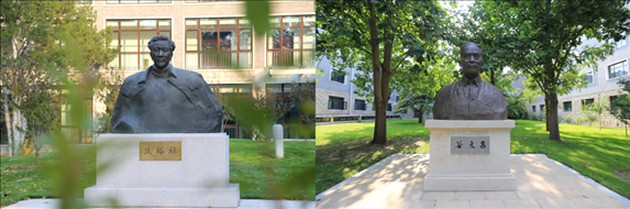 △左圖為中央黨校（國家行政學院）校園內的焦裕祿雕塑，右圖為校園內的谷文昌雕塑。